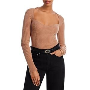 AQUA Women's Camel Cashmere Ribbed Sweetheart Neck Cashmere Sweater Size L NWT